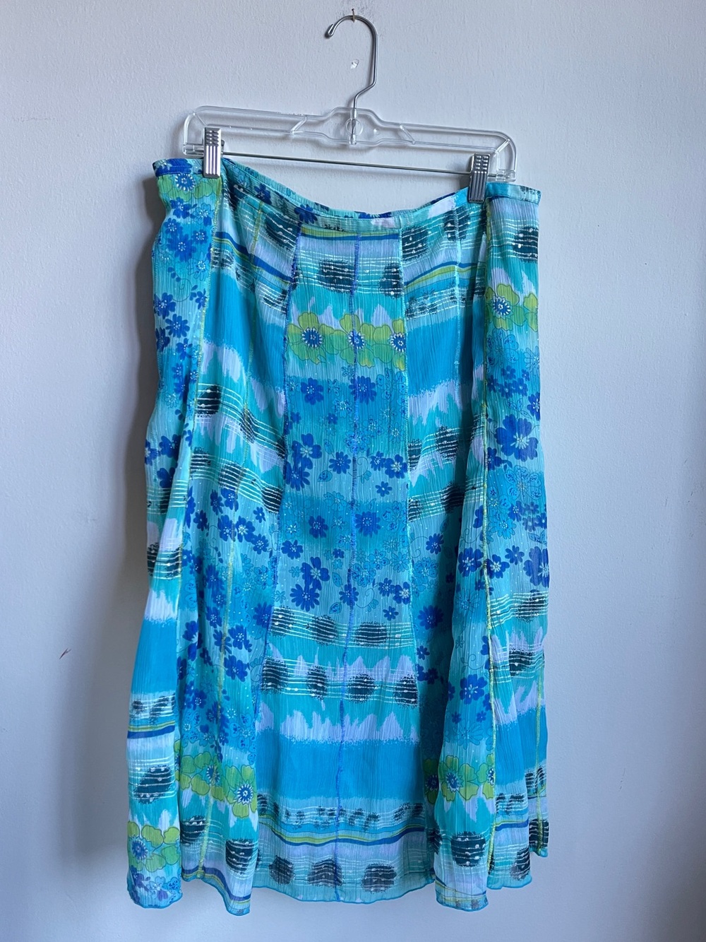 Vintage Y2K Turquoise Blue Floral + Stripe Patterned Midi Skirt